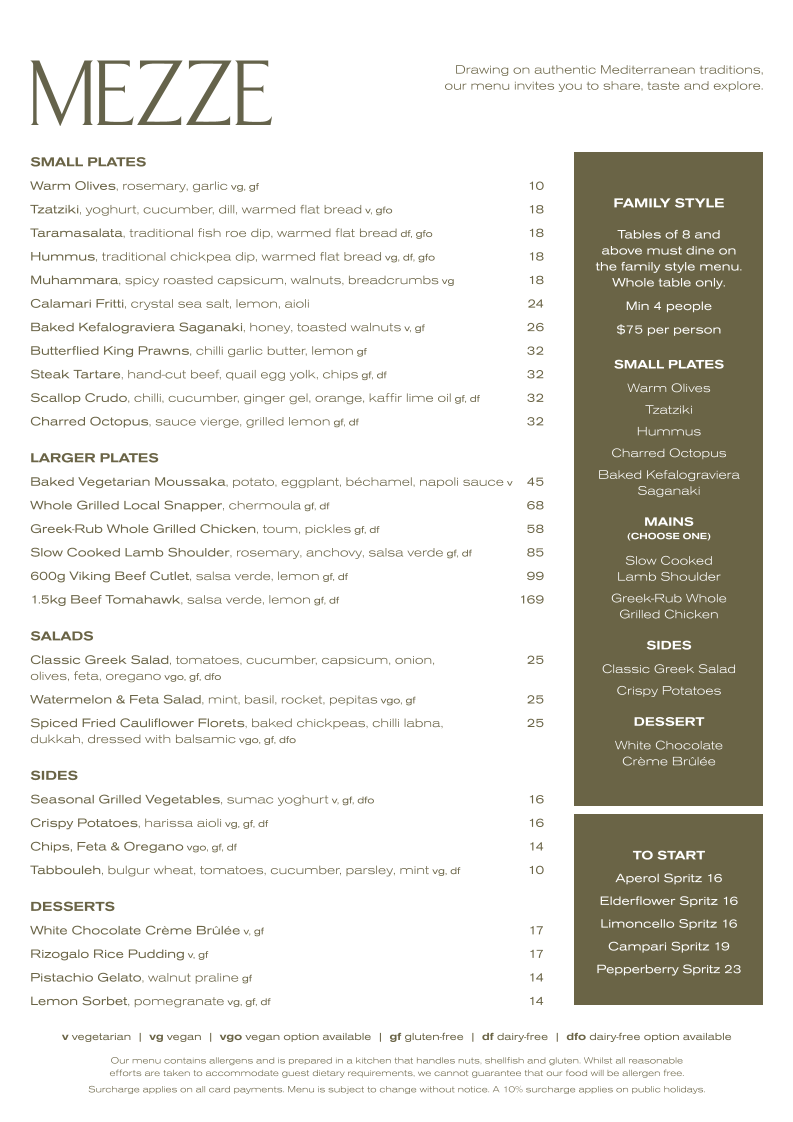 Menu, Mezze at Peppers Hunter Valley
