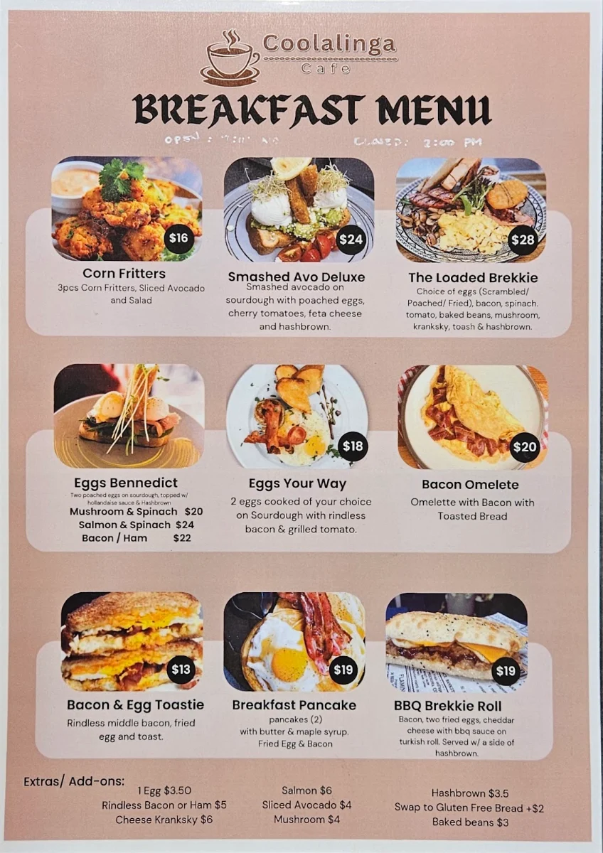 Menu, Coolalinga Cafe