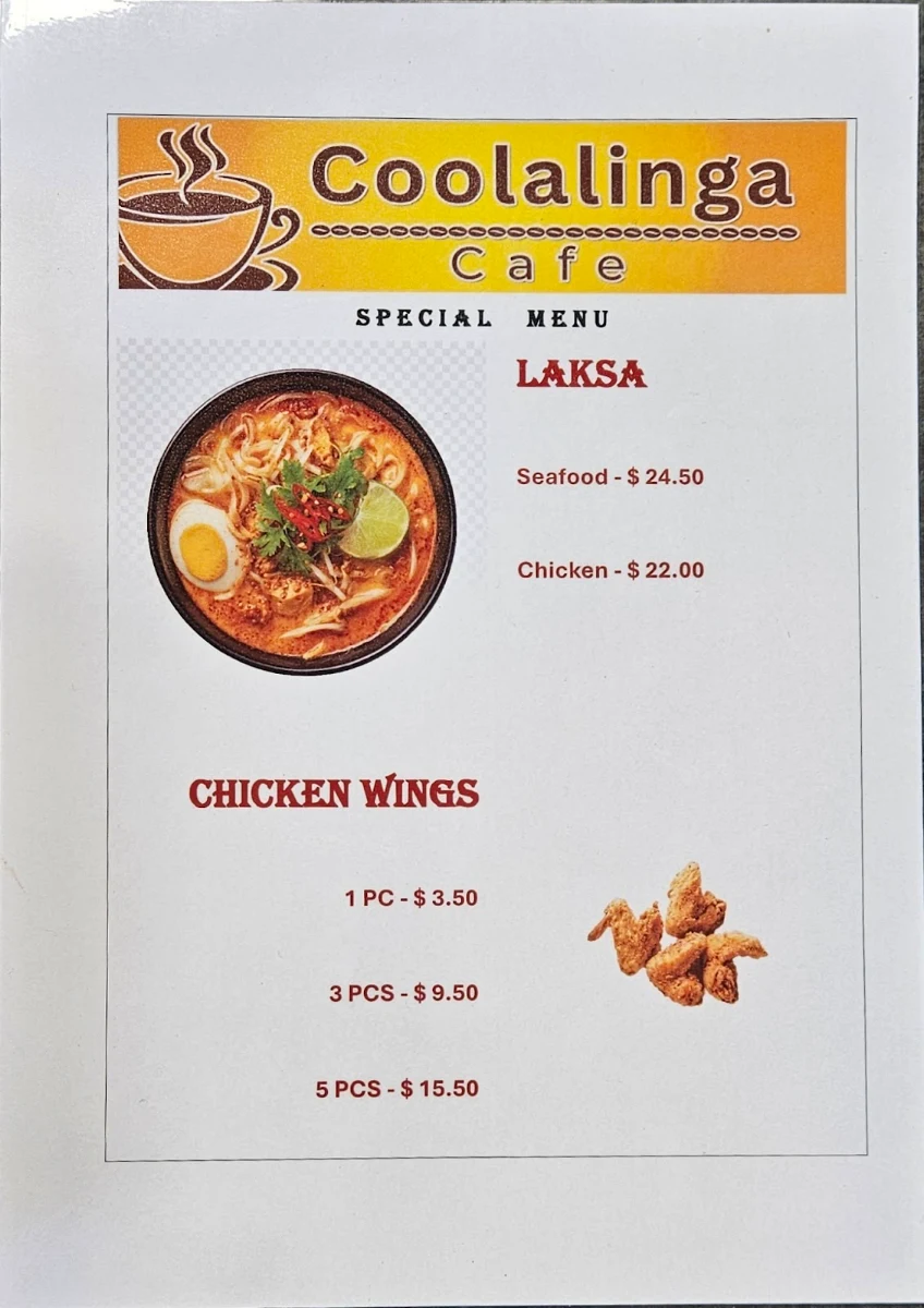 Menu, Coolalinga Cafe