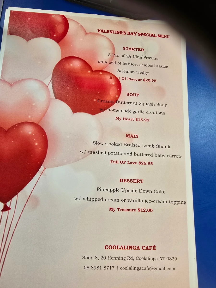 Menu, Coolalinga Cafe