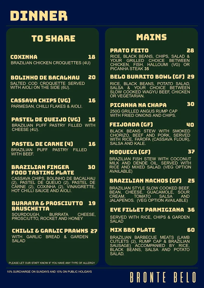 Menu, Bronte Belo Brisbane