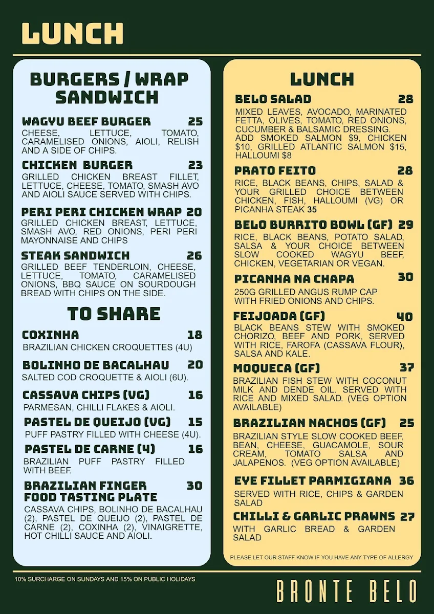 Menu, Bronte Belo Brisbane