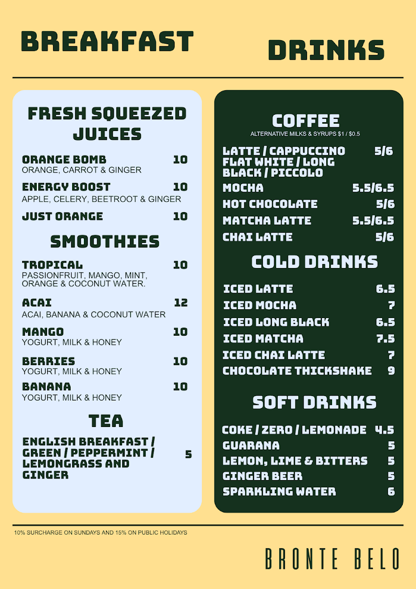 Menu, Bronte Belo Brisbane