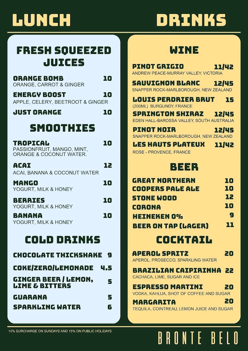 Menu, Bronte Belo Brisbane