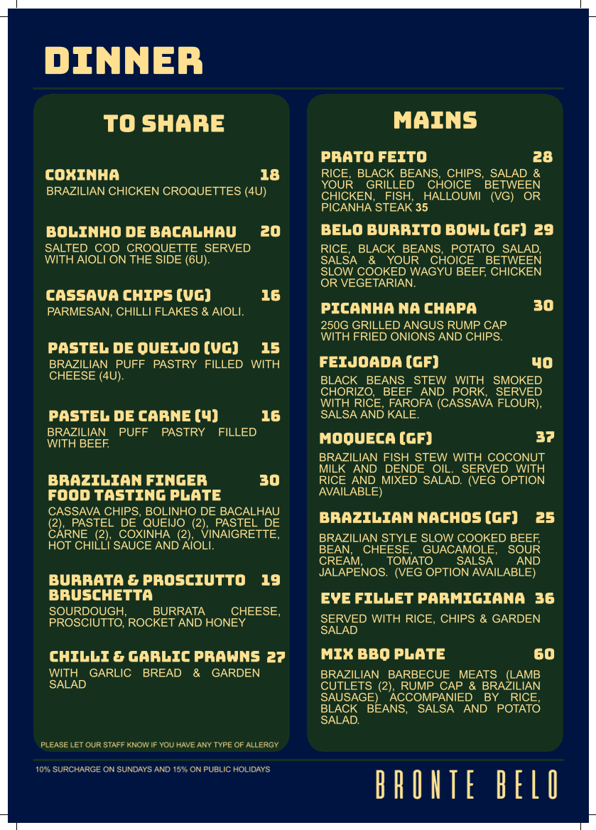 Menu, Bronte Belo Brisbane