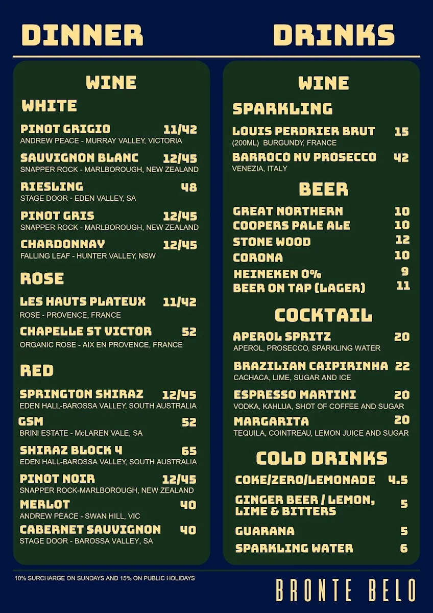 Menu, Bronte Belo Brisbane