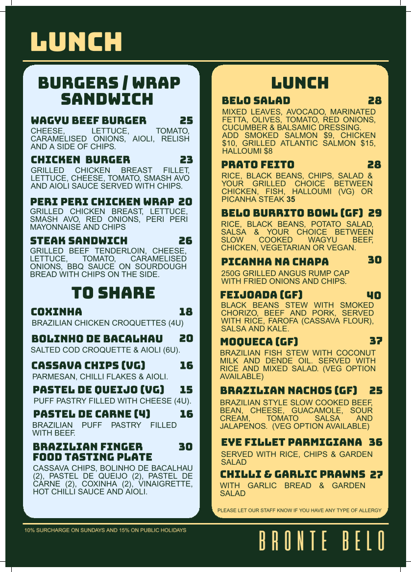 Menu, Bronte Belo Brisbane