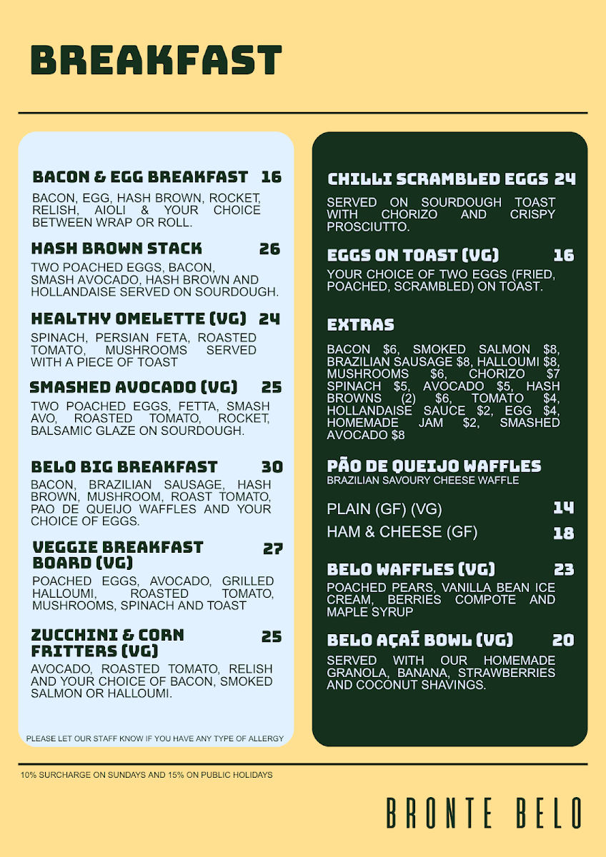Menu, Bronte Belo Brisbane