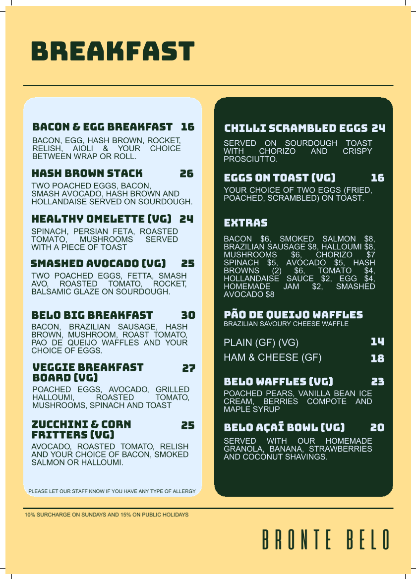 Menu, Bronte Belo Brisbane