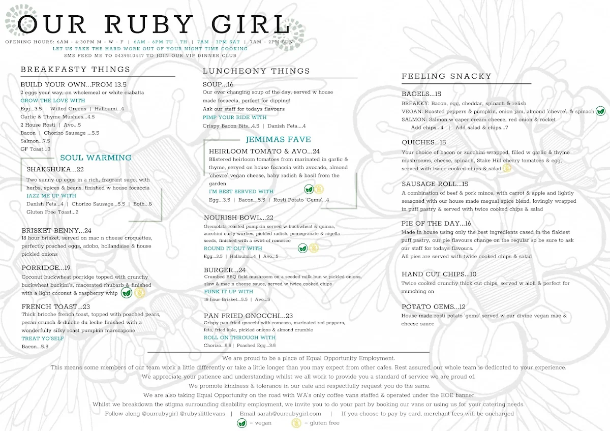 Menu, Our Ruby Girl