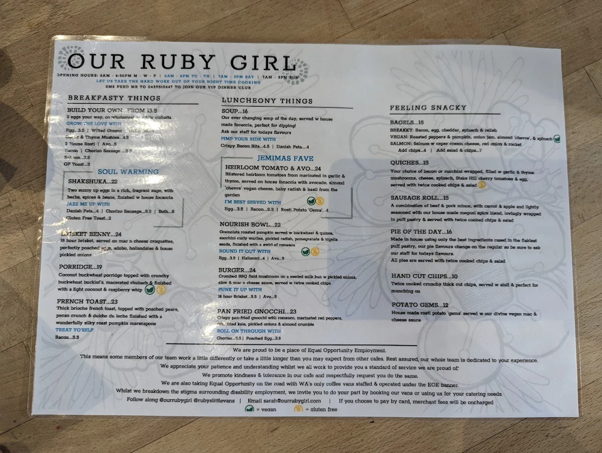 Menu, Our Ruby Girl