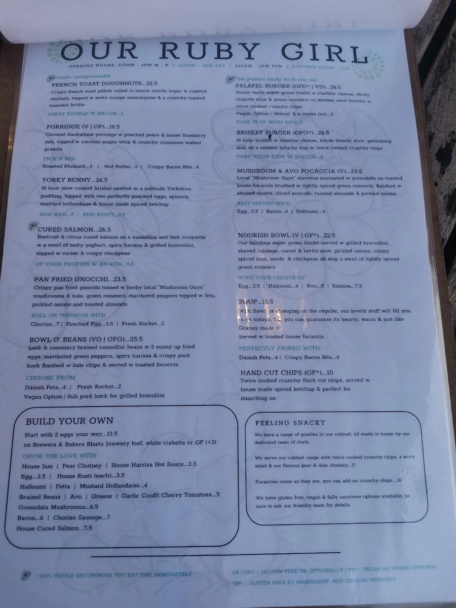 Menu, Our Ruby Girl