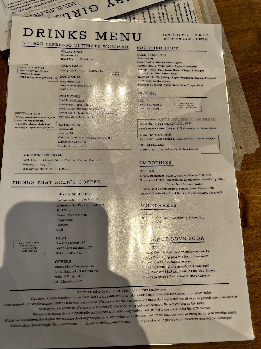 Menu, Our Ruby Girl
