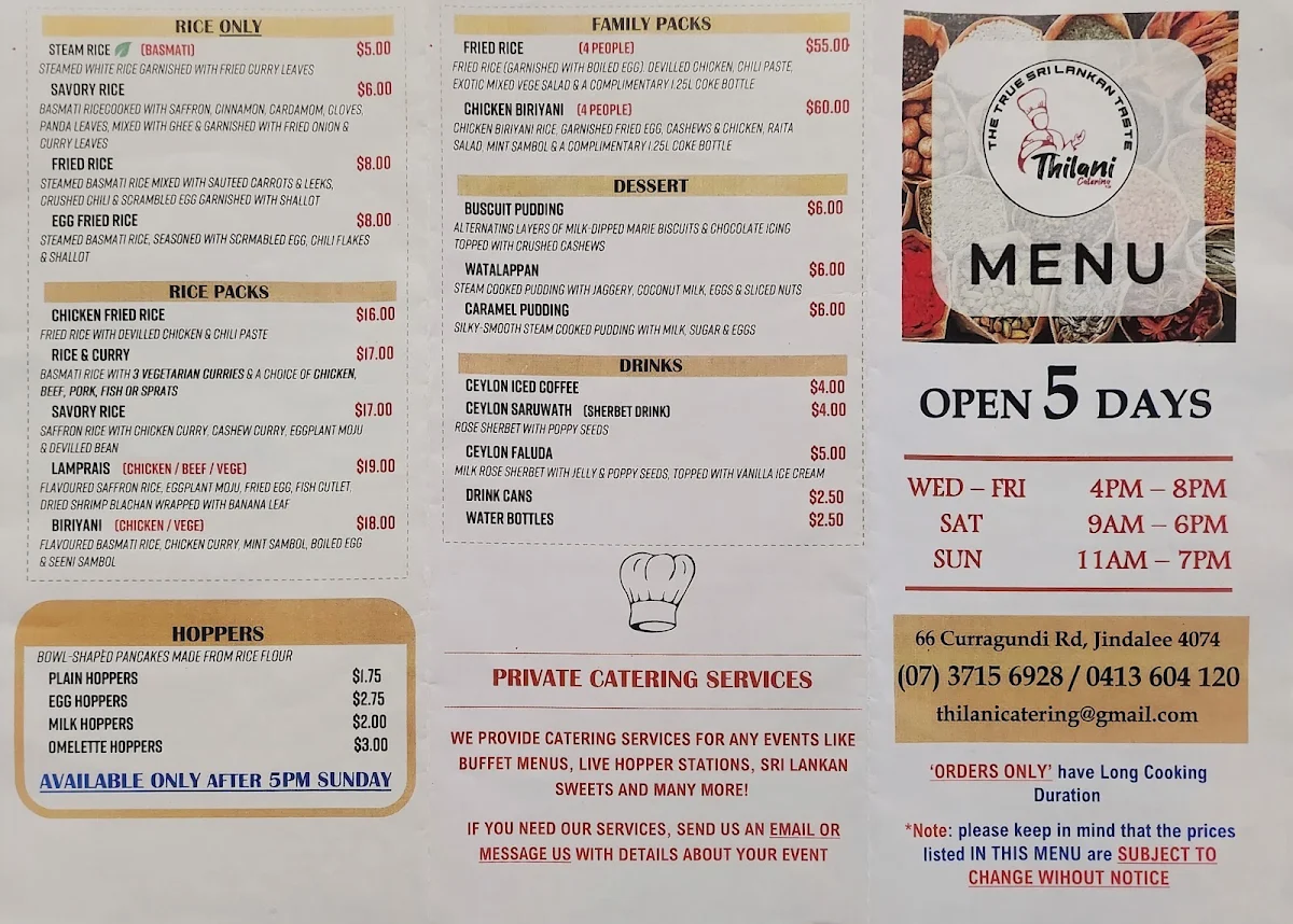 Menu, Thilani Catering Takeaway & Delivery Outlet