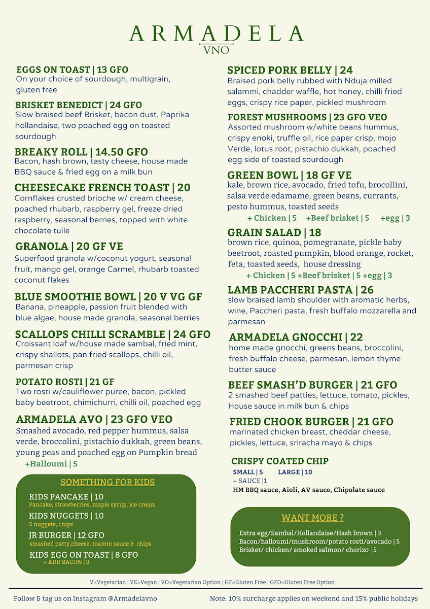Menu, Armadela VNO Woodfire Pizza