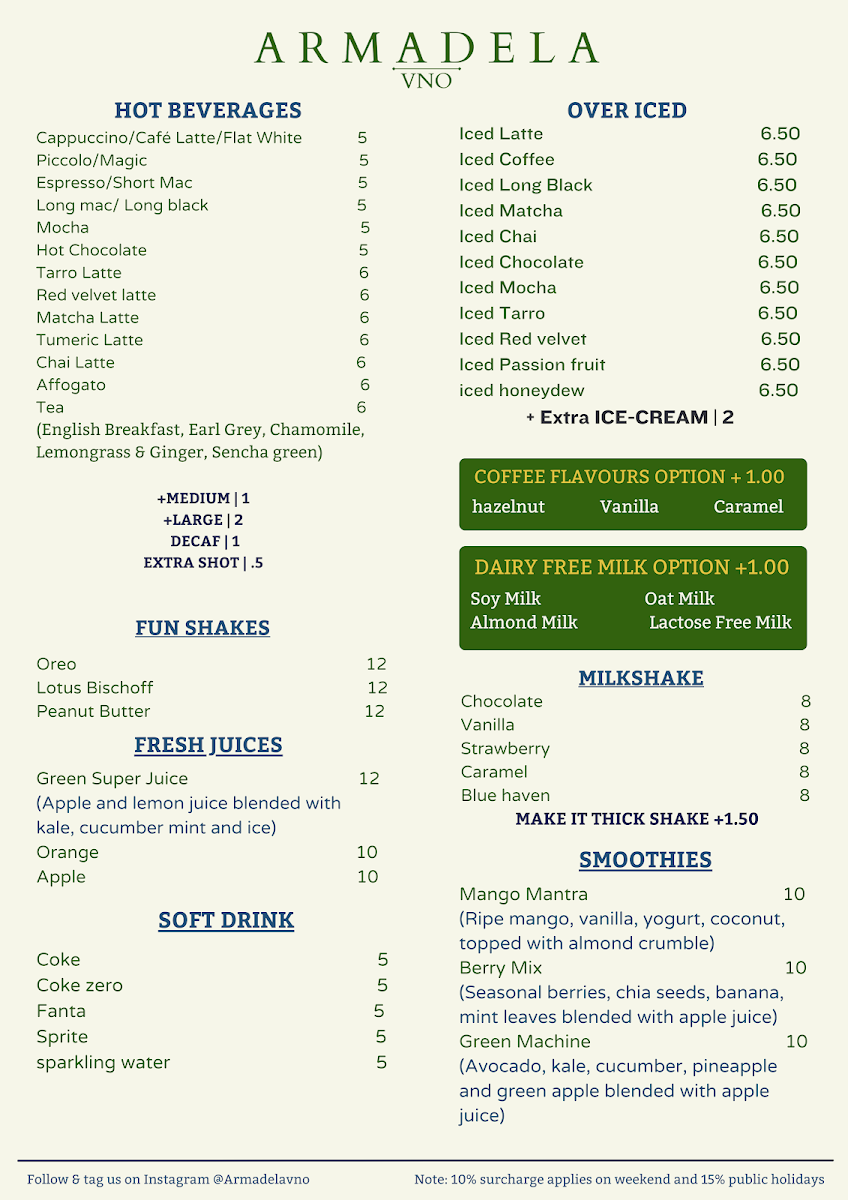 Menu, Armadela VNO Woodfire Pizza