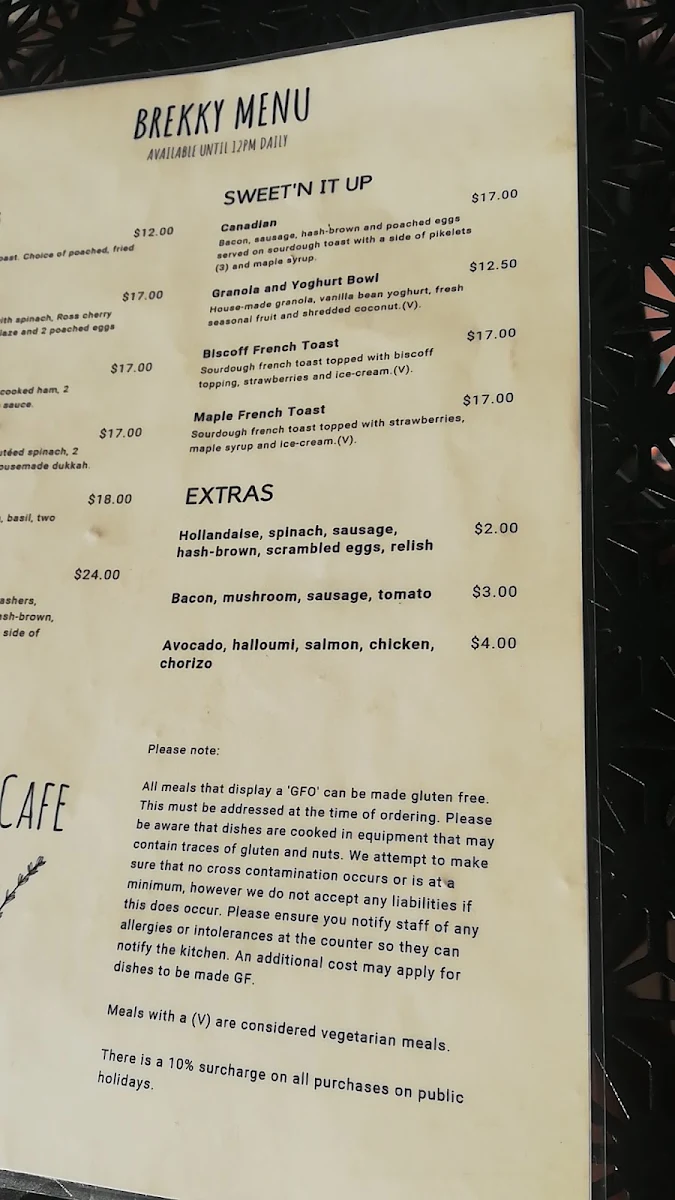 Menu, Tame Cafe