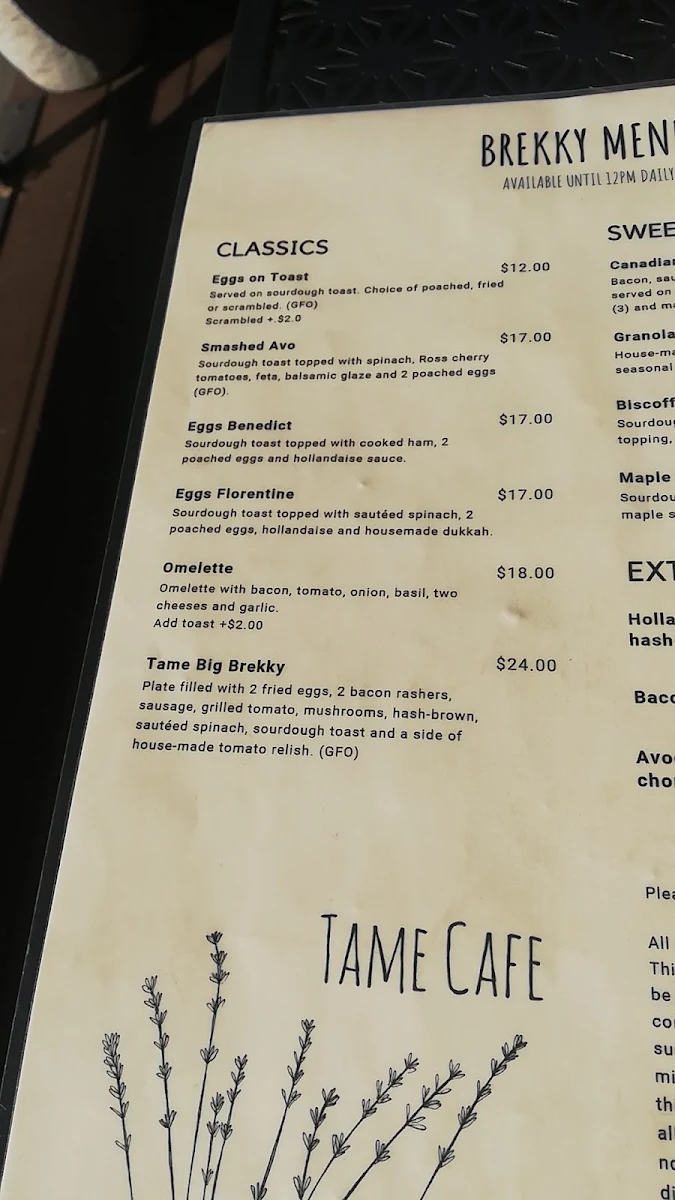 Menu, Tame Cafe