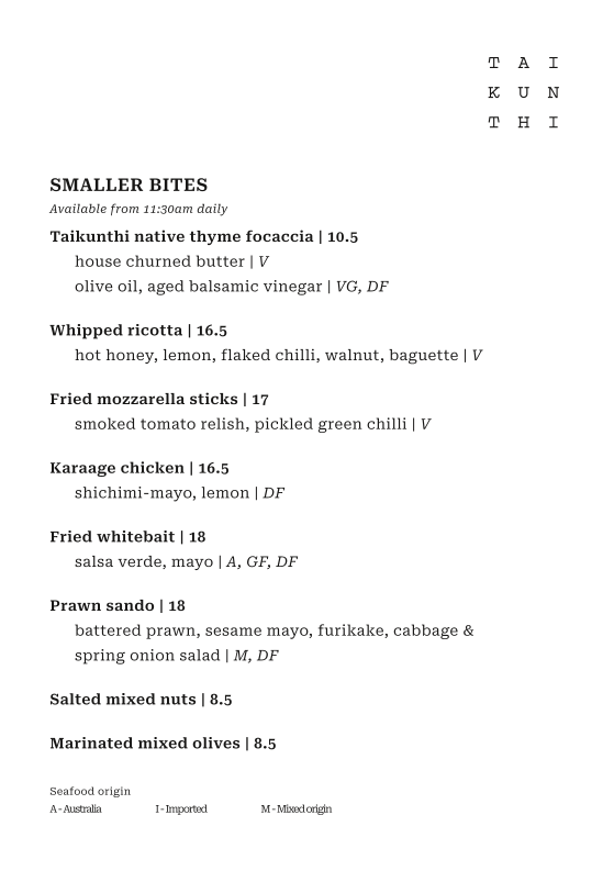 Menu, Taikunthi Restaurant