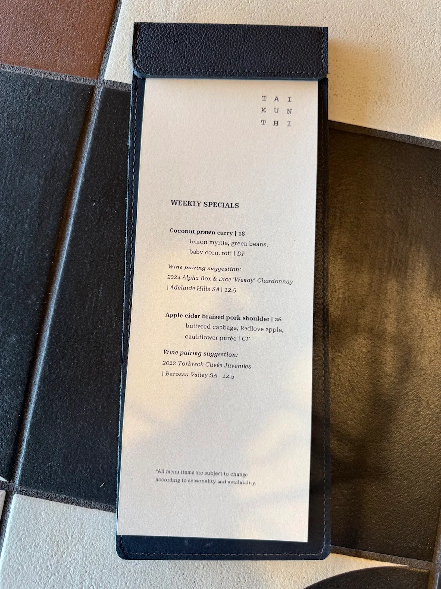 Menu, Taikunthi Restaurant