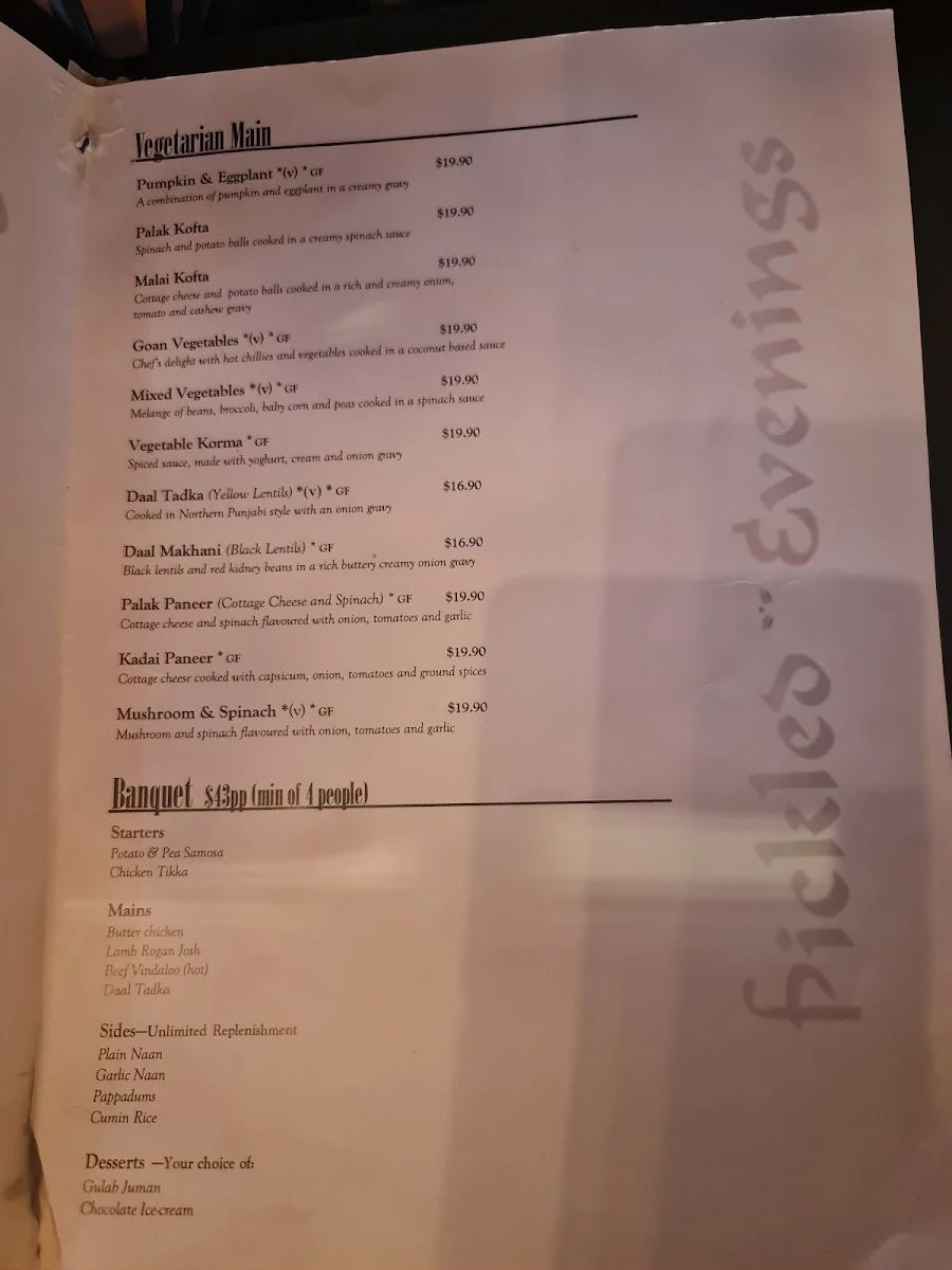 Menu, Pickled Evenings Indian Restaurant