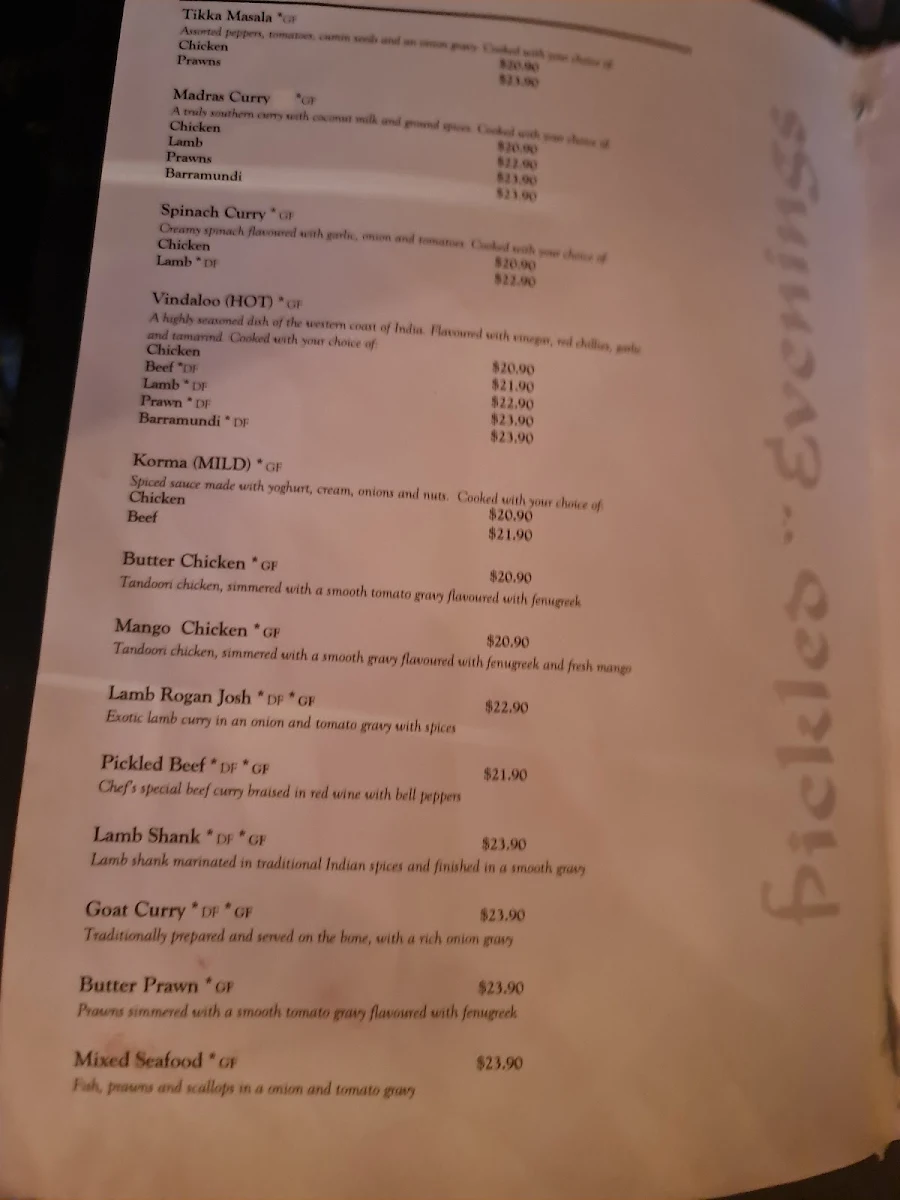 Menu, Pickled Evenings Indian Restaurant