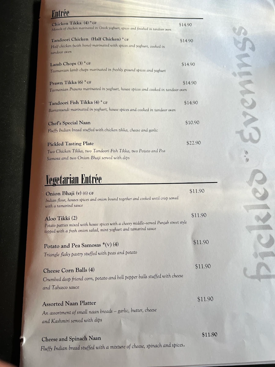 Menu, Pickled Evenings Indian Restaurant