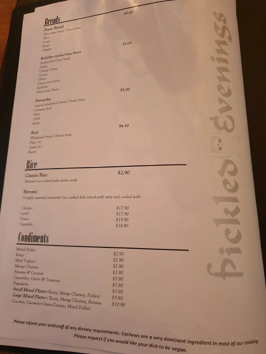 Menu, Pickled Evenings Indian Restaurant
