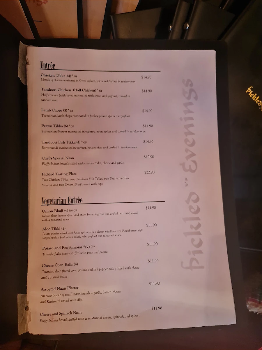 Menu, Pickled Evenings Indian Restaurant