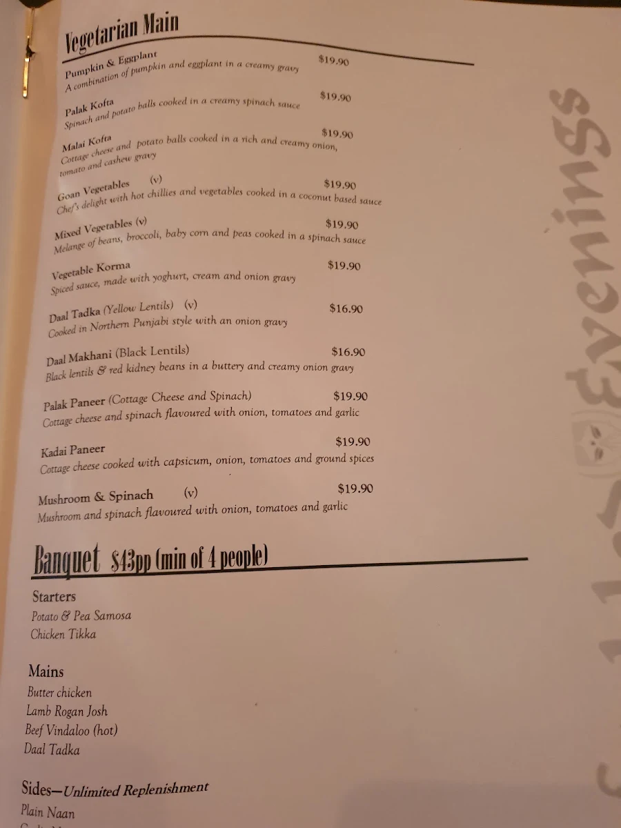 Menu, Pickled Evenings Indian Restaurant