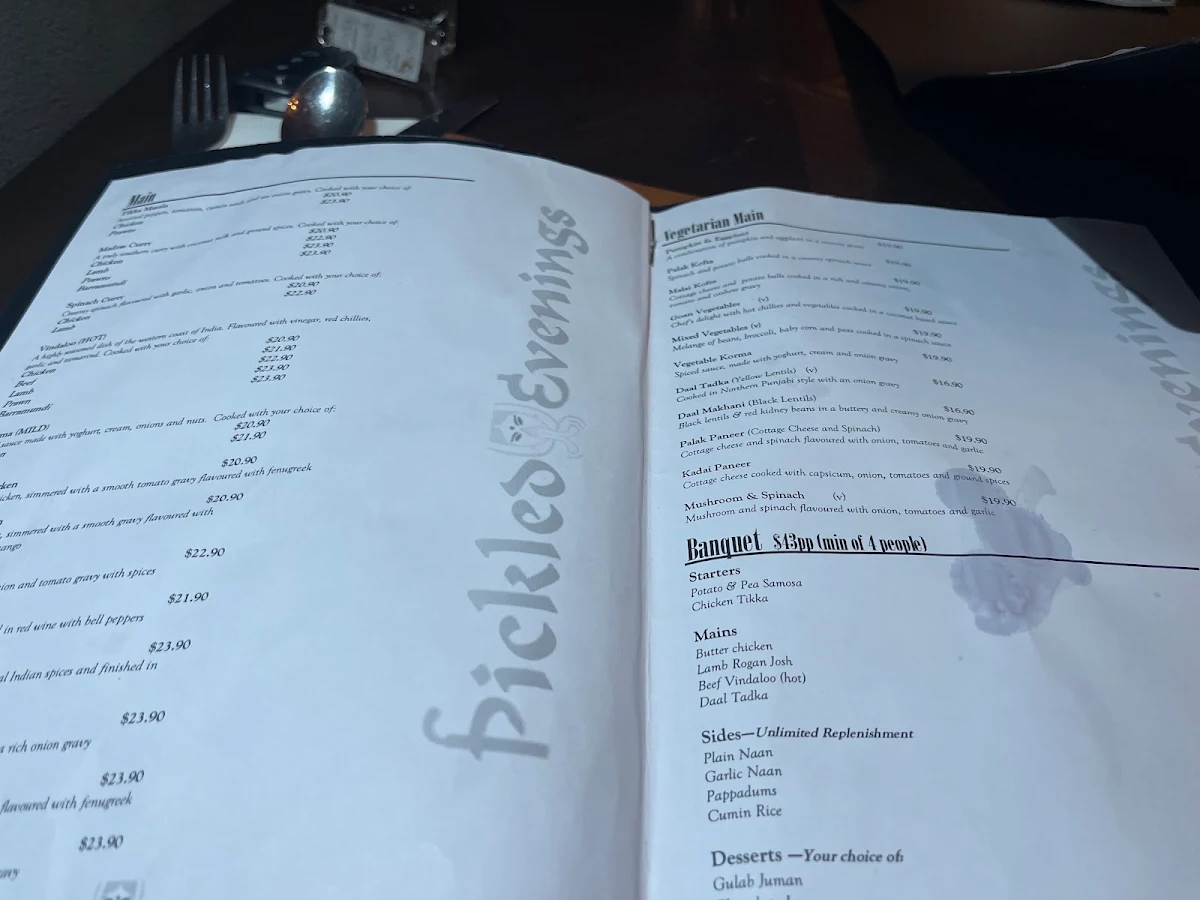 Menu, Pickled Evenings Indian Restaurant