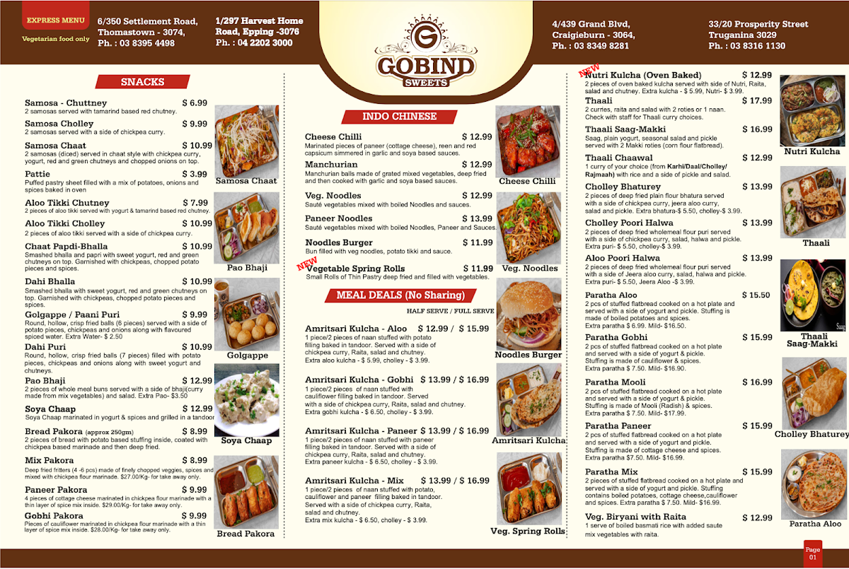 Menu, Gobind Sweets