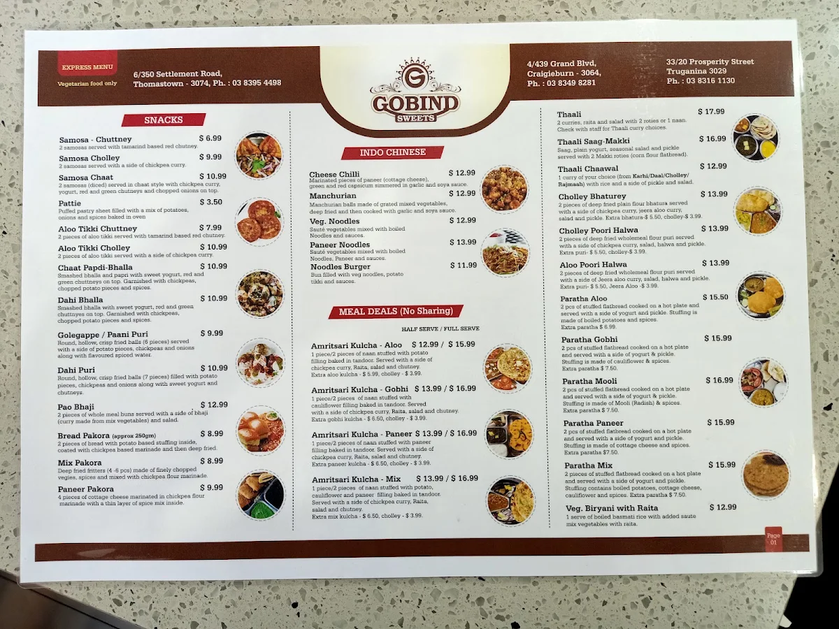 Menu, Gobind Sweets