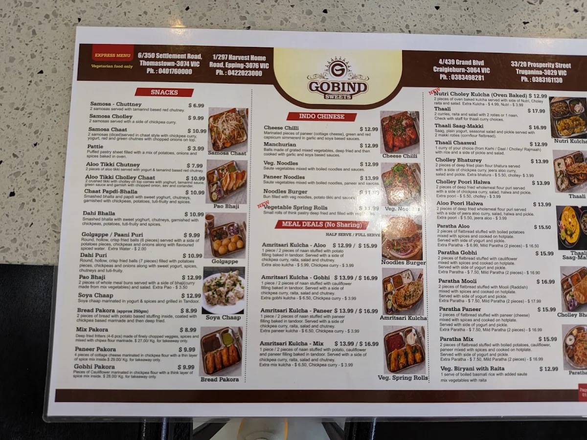 Menu, Gobind Sweets