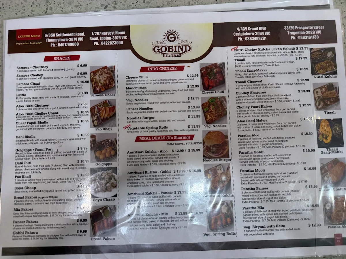 Menu, Gobind Sweets