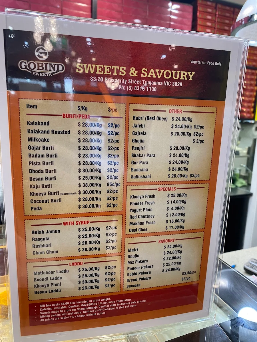 Menu, Gobind Sweets