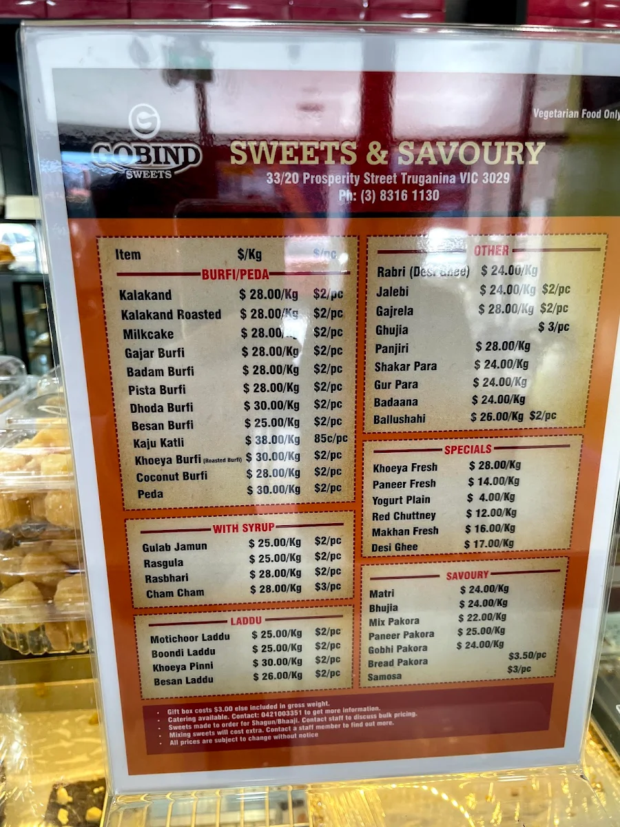 Menu, Gobind Sweets