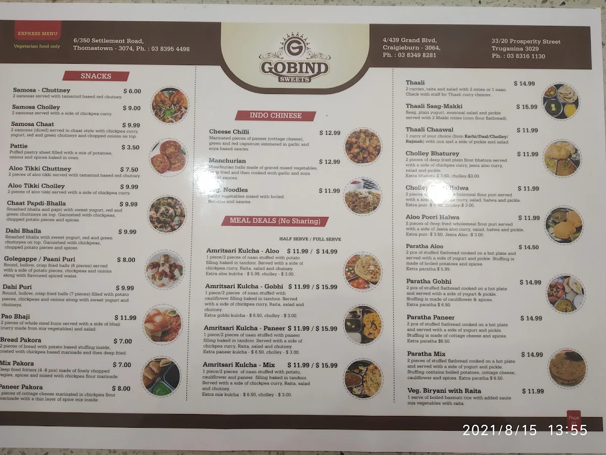 Menu, Gobind Sweets