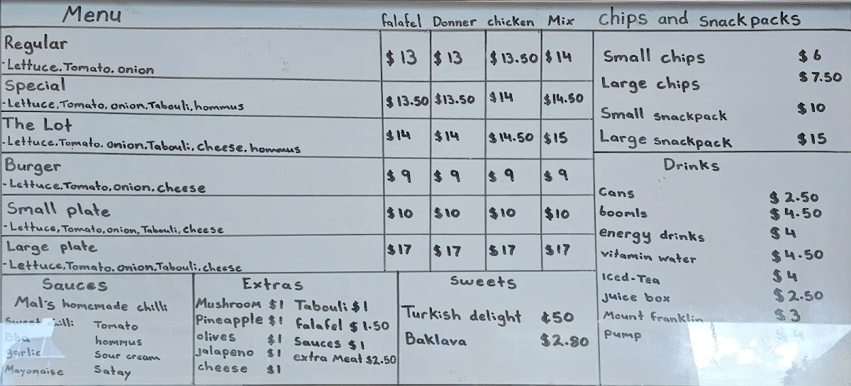 Menu, Kol's Kebabs