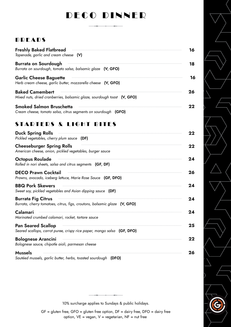 Menu, DECO Wine Bar & Restaurant