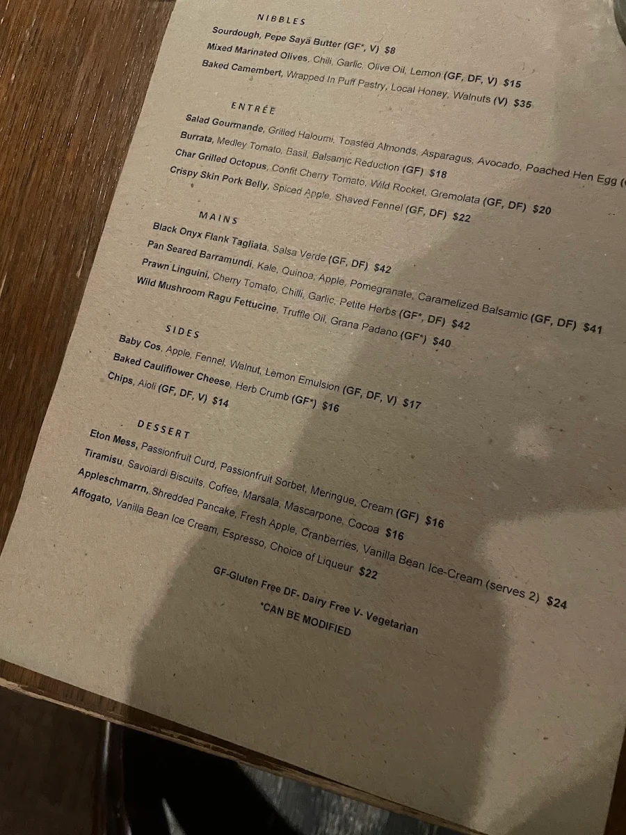 Menu, Terrace Restaurant