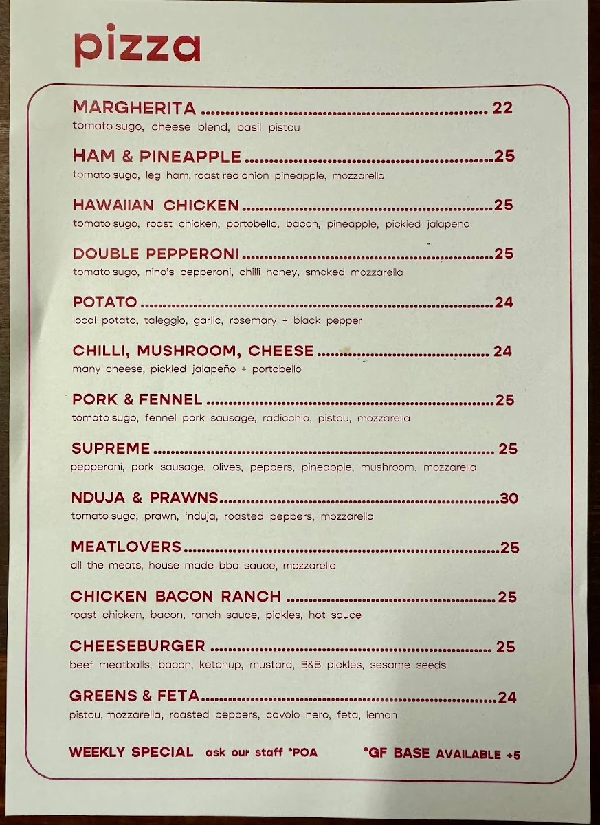 Menu, Crafers Pizza Bar