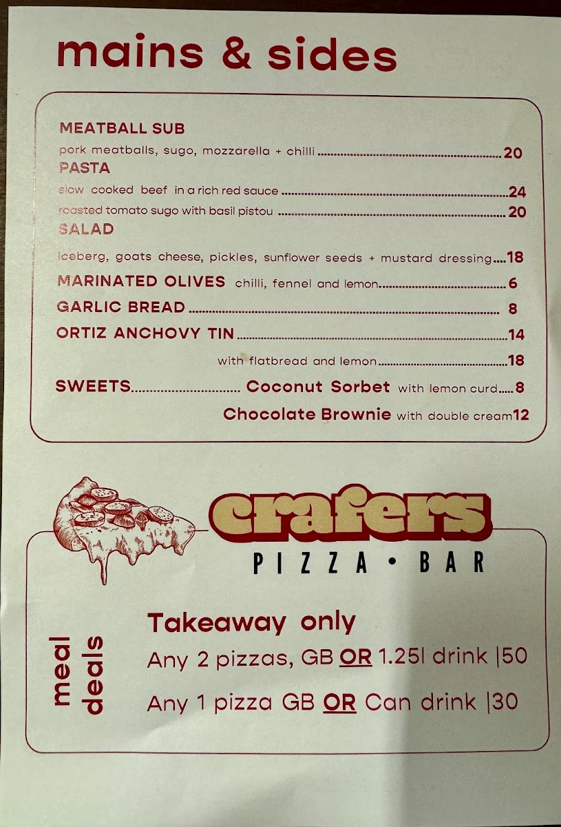 Menu, Crafers Pizza Bar