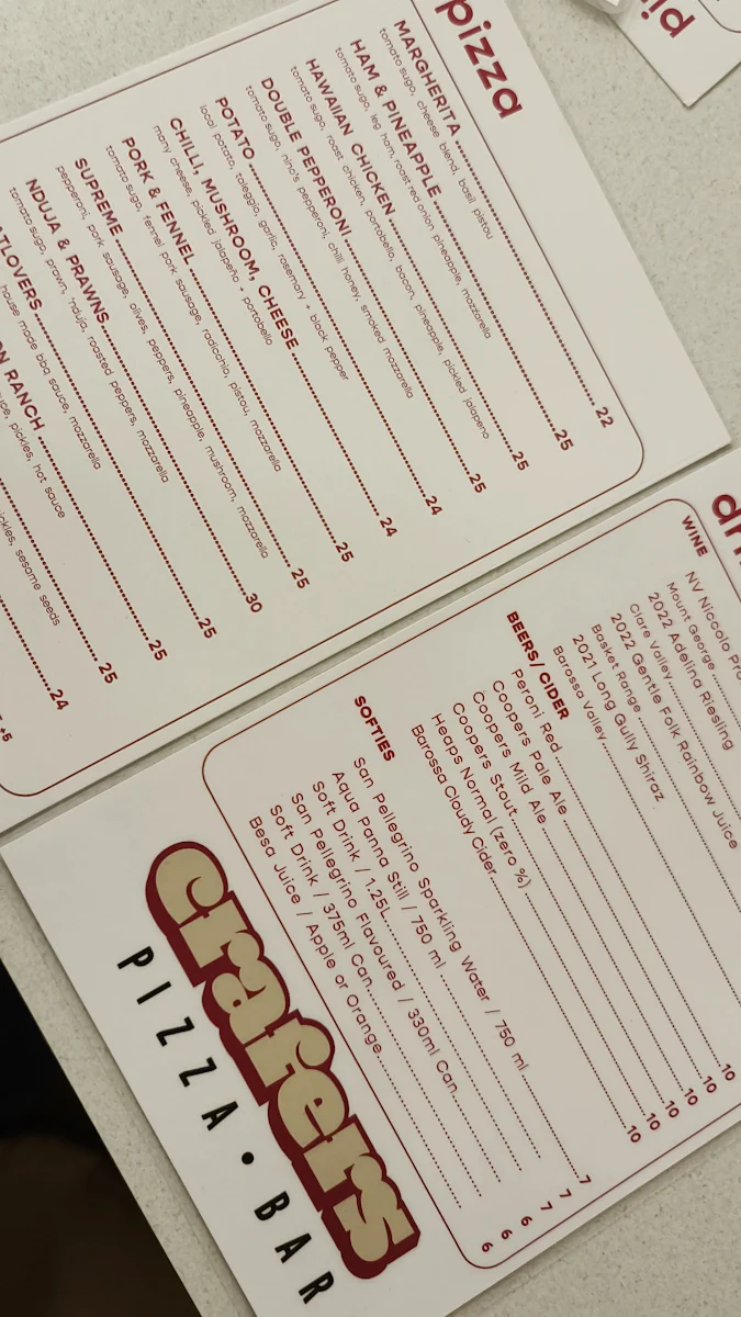 Menu, Crafers Pizza Bar