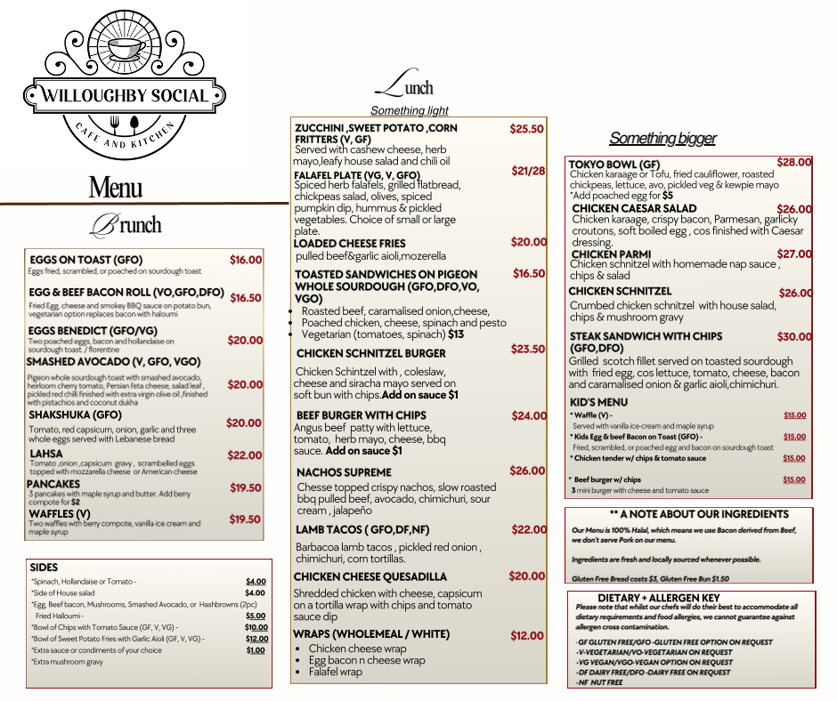 Menu, Willoughby Social Cafe and Kitchen