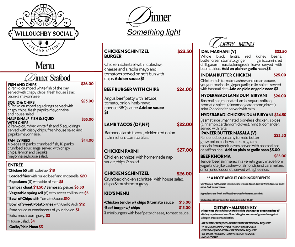 Menu, Willoughby Social Cafe and Kitchen