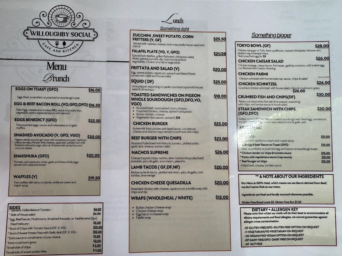 Menu, Willoughby Social Cafe and Kitchen