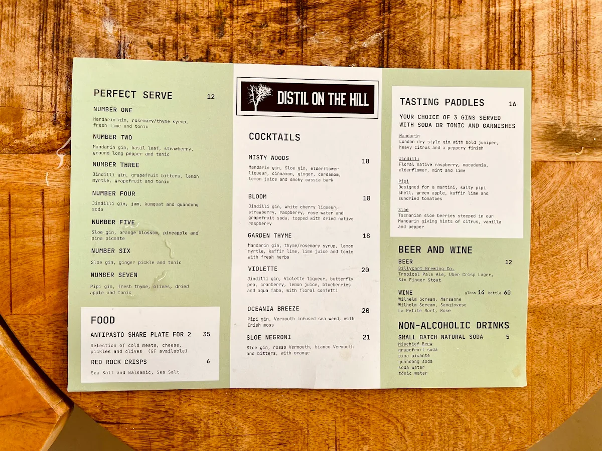 Menu, Distil on the Hill