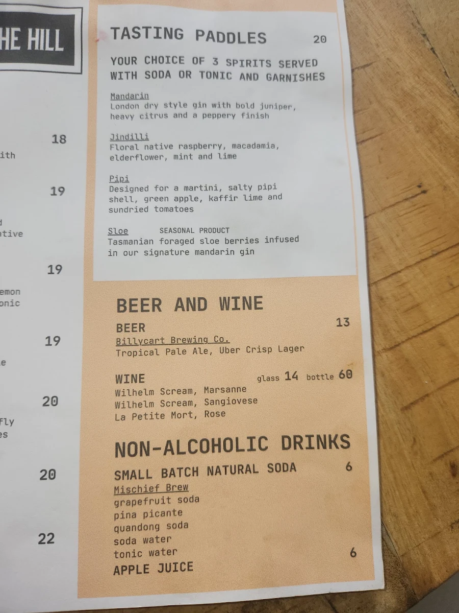 Menu, Distil on the Hill