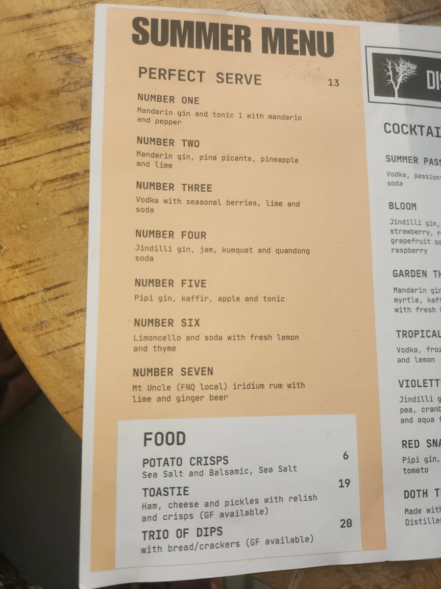 Menu, Distil on the Hill